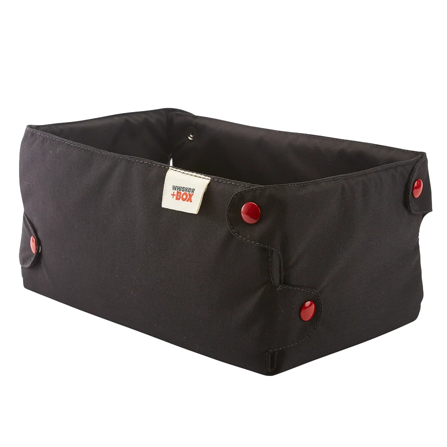 The Whisker Box Cat Bed Black with Orange Snaps